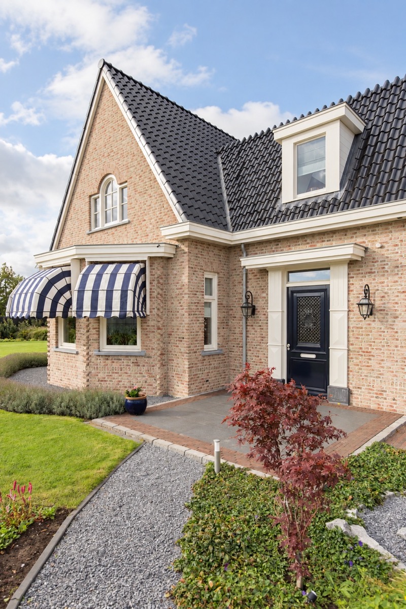 Vrijstaande woning met lichte afwerking en gestreepte markiezen